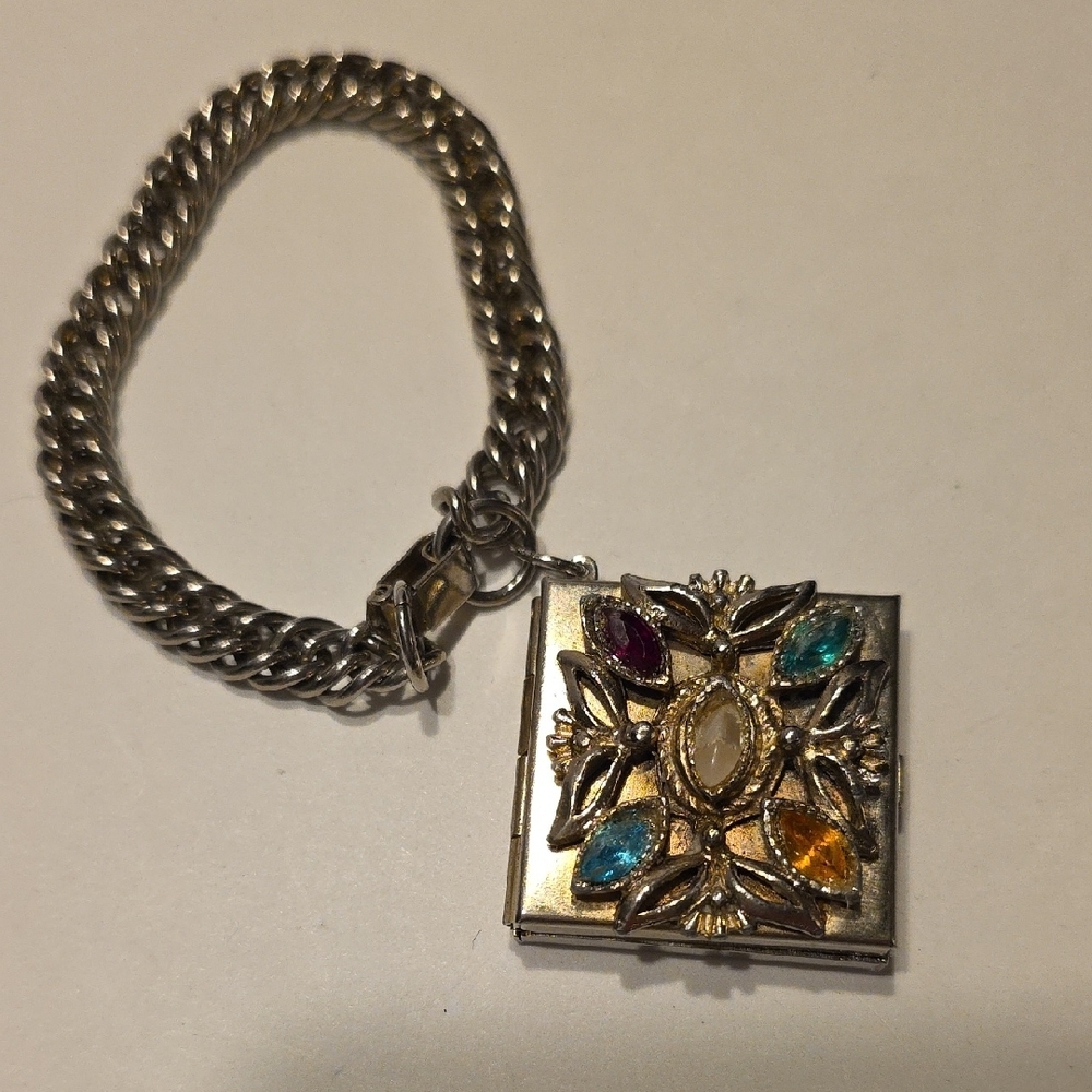 Vintage Silvertone Pill Box Bracelet with Multicolor Plastic Gemstones